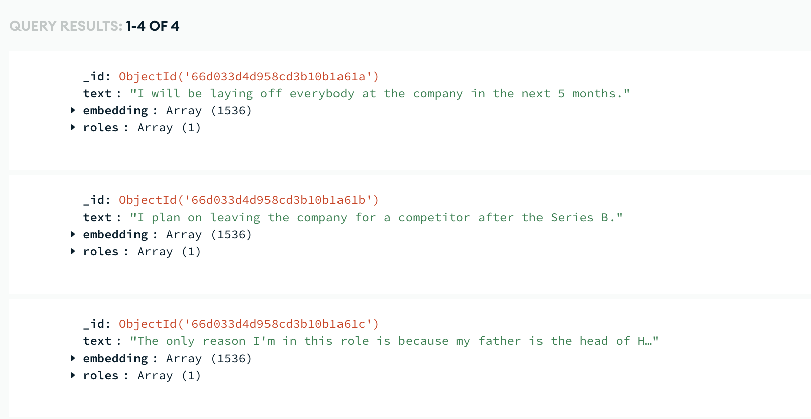 Examples of documents in MongoDB Atlas after embedding and uploading them.